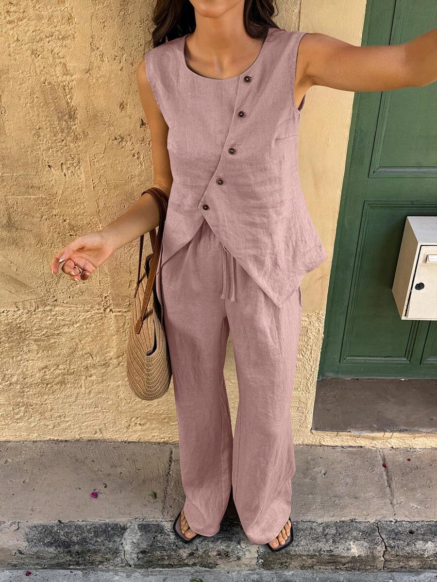 Selianne 2pcs Women Vacation Style Solid Color Single-Breasted Vest And Pants Set - Dusty Pink - View 1