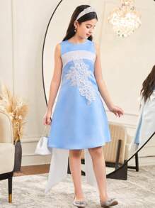 SHEIN Vestido formal elegante sin mangas con cuello redondo y lazo en la espalda para niña preadolescente - Celeste - Ver 7