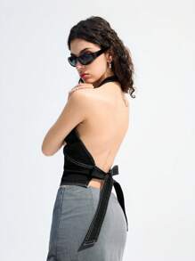 LYSMO 女式黑色露背性感牛仔短款上衣 - 黑色 - 查看 1