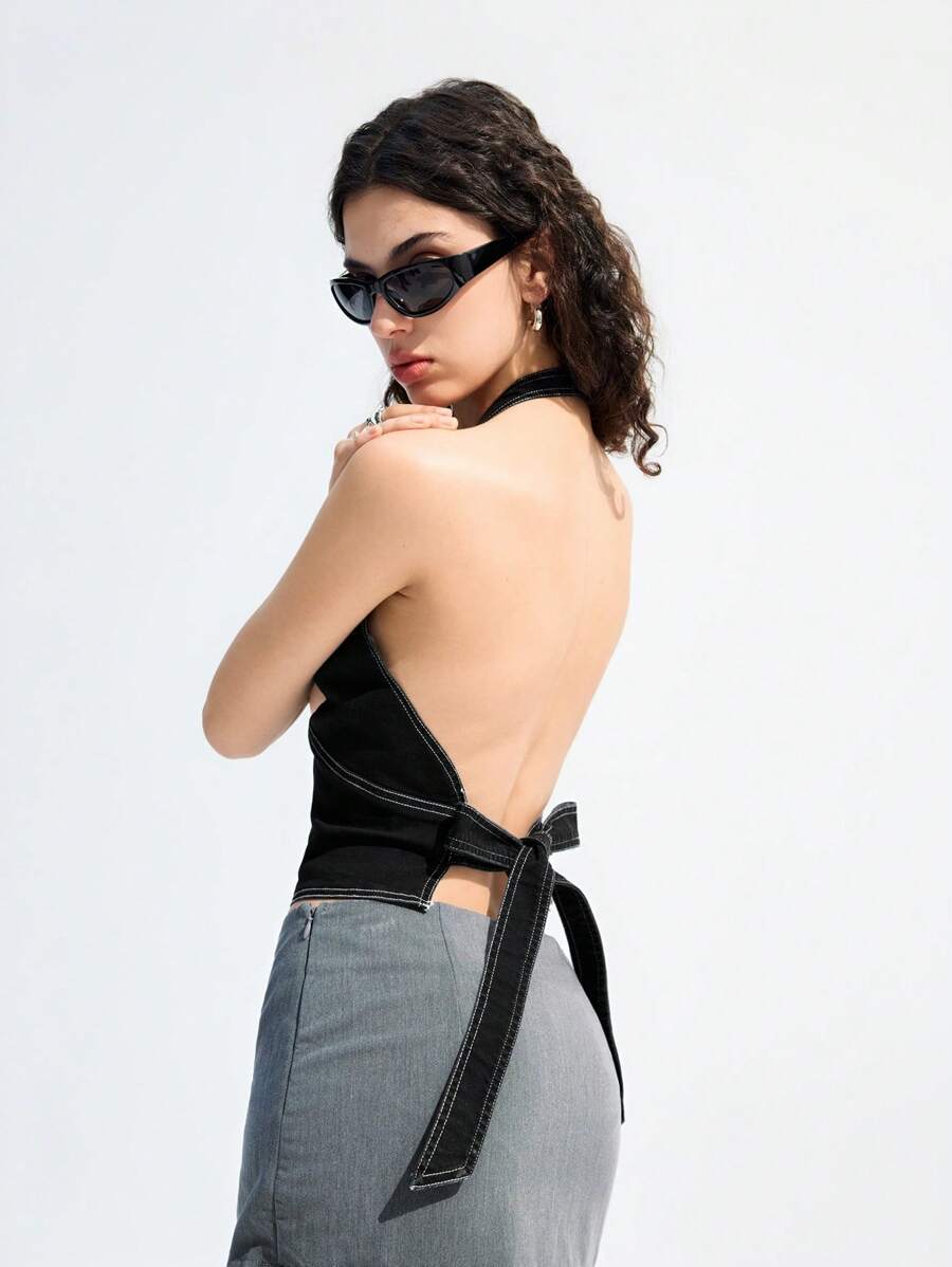 LYSMO 女式黑色露背性感牛仔短款上衣 - 黑色 - 查看 1