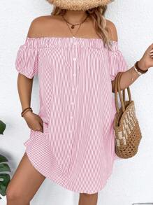 SHEIN LUNE Plus Size Women Off Shoulder Striped Button Design Loose Vacation Dress - Pink - View 3