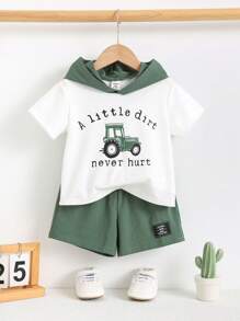 SHEIN Leap Crew 2件套男婴休闲可爱卡通汽车图案针织连帽衫上衣和短裤套装，夏季