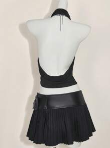 SHEIN ICON 2pcs/Set Neckline Open Back Tank Top & Low Waist Mini Skirt Set - Black - View 9