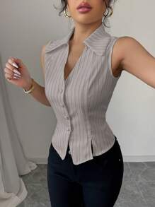 Elenzga Áo sơ mi nữ cổ chữ V không tay kẻ sọc có nút trang trí và đường xẻ viền chữ V phong cách Pháp thanh lịch cho công sở/thường ngày/ngày lễ mùa xuân/hè - Màu be - Xem 6