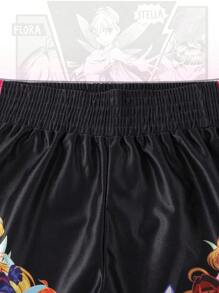 ROMWE MEN Winx Club X ROMWE Pantaloncini sportivi da uomo con grafica a cartoni animati, blocchi di colore e vita elastica, adatti per boxe/basket, per il ritorno a scuola