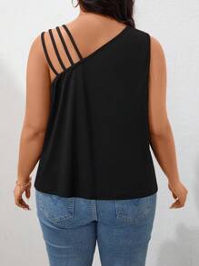 SHEIN CURVE+ Plus Size Women Solid Color Asymmetric Shoulder Top - Black - View 2