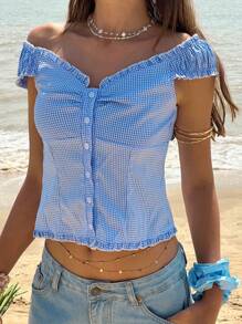 Jouncy Top à une épaule en tartan, à volant, à simple boutonnage pour femmes