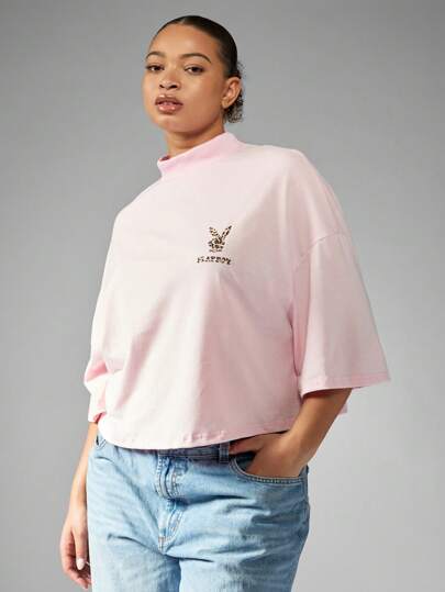 MISSGUIDED PLUS x Playboy Camiseta oversize de talla grande con cuello alto, logo de conejo leopardo, estilo casual de calle, moda urbana, prenda esencial de primavera/verano para estar cómodo en casa o hacer ejercicio