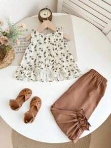 SHEIN 2pcs Set: Young Girl Sleeveless Ditsy Floral Ruffle Collar Top & Wide Leg Solid Loose Pants