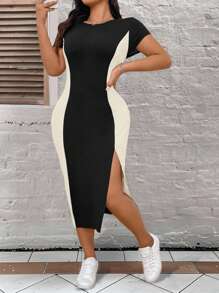 Calvaya Plus Size Colorblock Round Neck Short Sleeve Split Hem Fitted Dress Maxi Women Outfit Bodycon Long Dresslong Bodycon Dressslit Dressdress With Slitwomen Dresses Blue - Multicolor - View 5