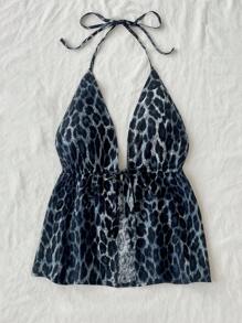 SHEIN PETITE CURVE Plus Size Petite Women's Casual Halter Tie Neck Leopard Print Backless Camisole For Summer Women - Light Grey - View 3