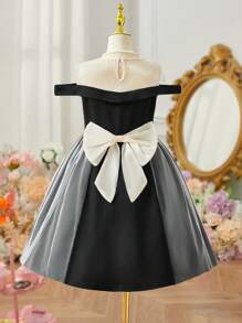 SHEIN Tween Girl Elegant Party Wear Comfortable Textured Mesh Splice Off Shoulder Dress - Black - View 1