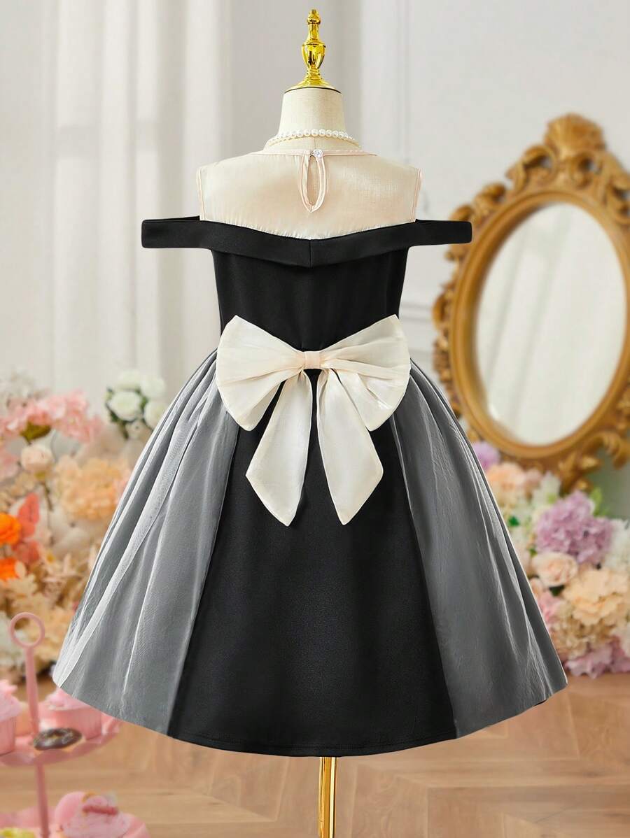 SHEIN Tween Girl Elegant Party Wear Comfortable Textured Mesh Splice Off Shoulder Dress - Black - View 1