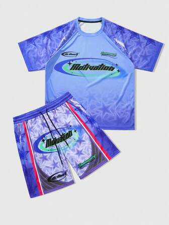 Street Life Ensemble t-shirt et short de sport homme avec imprimé graphique et slogan, mode pour l'été