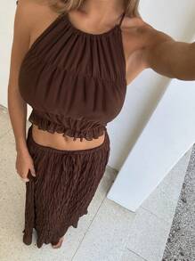 Aloruh Sexy Solid Color Backless Halter Crop Top + Ultra Long Skirt, Summer Set, Fairycore - Brown - View 4