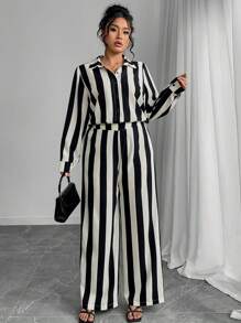 SHEIN Clasi Set de 2 pantalones informales a rayas y de unicolor para tallas grandes - Marrón Mocha - Ver 6