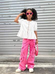 Coolane Conjunto de ropa informal para niñas preadolescentes de primavera/verano, atuendo lindo para vacaciones de primavera, blusas blancas con tirantes con lazo y mangas abullonadas cómodas