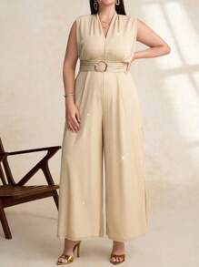 SHEIN Clasi Plus Size Women's Sleeveless Solid Color Wide Leg Elegant Jumpsuit Mother Day Mom Mother Mommy Mother's Day Mama Mum Mother's Day Gift - Apricot - View 1