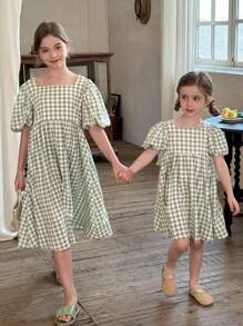 SHEIN LMoss Kids Tween 女童纯色方领主教袖修身休闲连衣裙