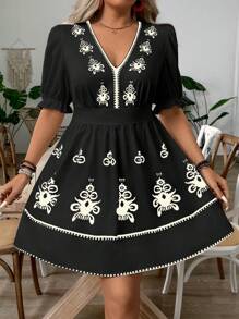 SHEIN Holidaya Elegante vestito con scollo a V, maniche a palloncino e stampa floreale