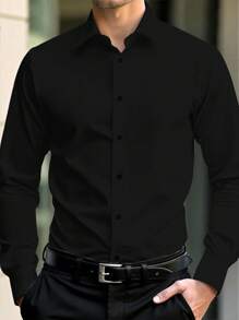 Calvornis 大码男士纯色休闲长袖正装衬衫，适合夏季和秋季 - 黑色 - 查看 1