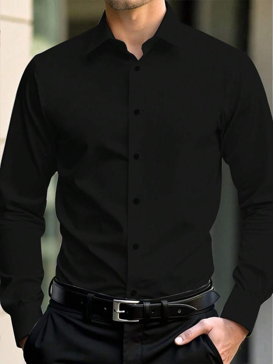 Calvornis 大码男士纯色休闲长袖正装衬衫，适合夏季和秋季 - 黑色 - 查看 1