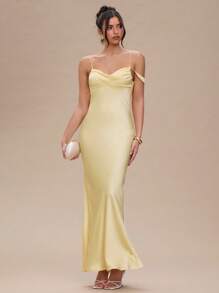 SHEIN BAE Women's Summer Clothing Pure Yellow Satin Backless Fishtail Slim Maxi Dress,Butter Yellow Dress,Summer Outfits For Women,Summer Dresses For Women,Prom Dress,Wedding Guest Dress Women,Formal Dresses For Women,Graduation Dresses For Women - Yellow - View 2