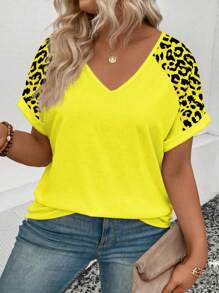 INAWLY Áo thun tay ngắn cổ chữ V họa tiết da báo thời trang cỡ lớn mới cho nữ - Màu vàng - Xem 3