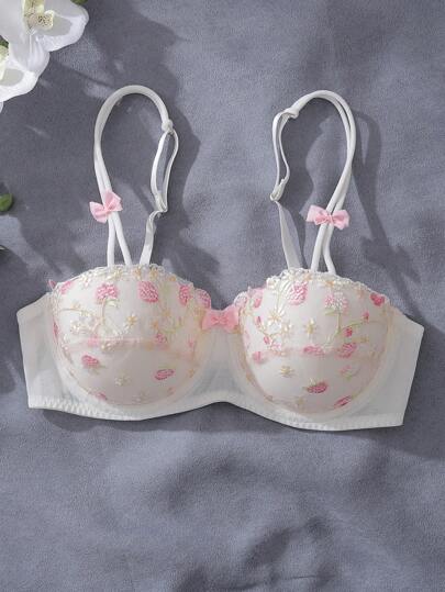 DelicateAllure Romantic, Fresh, Gentle, Sweet Floral Embroidered Balconette 1/2 Cup Underwire Lingerie Bra With Adjustable Straps And Bow Detail, For Women, Pink & White, Kawaii