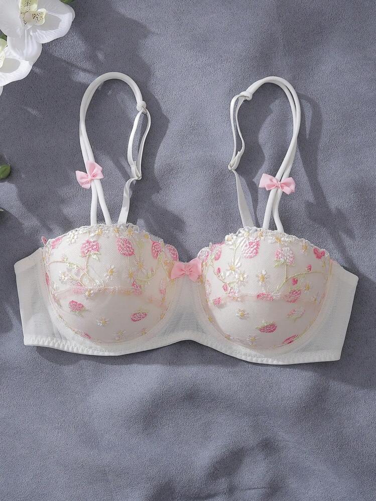 DelicateAllure Romantic, Fresh, Gentle, Sweet Floral Embroidered Balconette 1/2 Cup Underwire Lingerie Bra With Adjustable Straps And Bow Detail, For Women, Pink & White, Kawaii