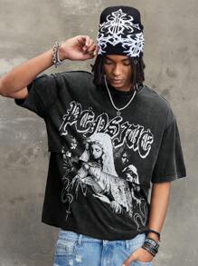 ROMWE MEN Street Life 男士夏季休闲图形字母印花 T 恤 - 黑色 - 查看 5