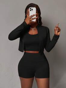 Slaydiva Set de 3 piezas: Top de manga larga ajustado con cremallera media, top corto sin mangas y shorts deportivos casuales de verano para mujer