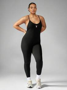 MISSGUIDED PLUS x Playboy Plus Size Athletic Unitard Spaghetti Strap Bodysuit Workout Jumpsuit Compression Exercise Fitness Pilates Running Yoga Activewear - Black - View 3