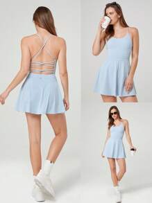 GLOWMODE FeatherFit™-Air 随波逐流 吸汗速干 露肩交叉后背迷你连衣裙 内置短裤 侧袋 防滑手柄 低冲击瑜伽普拉提工作室日常休闲装 可拆卸罩杯 - 淺藍色 - 查看 9