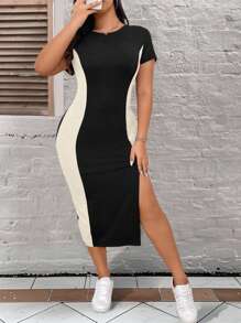 Calvaya Plus Size Colorblock Round Neck Short Sleeve Split Hem Fitted Dress Maxi Women Outfit Bodycon Long Dresslong Bodycon Dressslit Dressdress With Slitwomen Dresses Blue - Multicolor - View 3