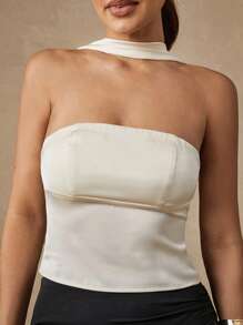 Silquee Ärmellose, sexy, elegante Halter-Neck Bluse für Frauen, weiß, apricotfarben, geeignet für Strandurlaub, figurbetontes Design, satin-graziöse Blusen, Frühling/Sommer, Basic, süßer Sommertop, Brunch, Flughafen, Frauen Sommer, elegante Satinbluse, weiße Abschlussfeier, trägerloses Top, Festival - Weiss - Übersicht 2