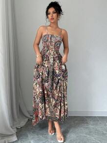 Breezaya 佩斯利印花细肩带连衣裙，度假休闲长款度假海滩装女士 - 杏色 - 查看 3