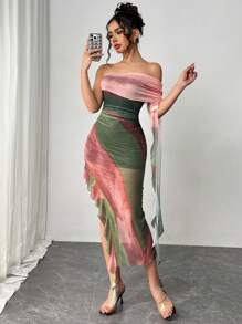 SHEIN Unity Ombre Print One Shoulder Ruched Ruffle Trim Dress Maxi Women Outfit - Mint Green - View 6