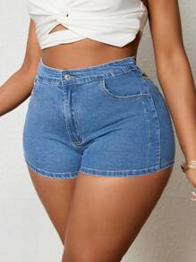 SHEIN SXY Plus Size Women Bohemian Vacation Style Elastic Sexy Lace-Up Denim Shorts  Summer Outfits For Women Festival Outfits - Light Wash - View 6