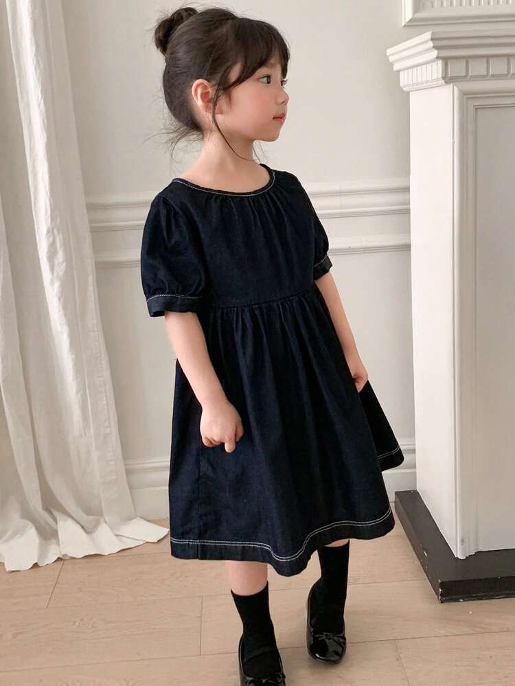 Girls (Petite) Denim Short Sleeve Dress, Summer