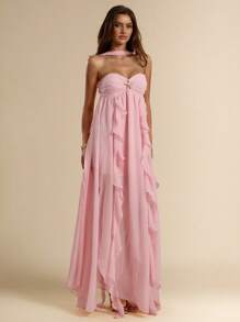 SHEIN BAE 夏季海边度假纯色浅粉色节日连衣裙荷叶边雪纺连衣裙海洋海星装饰抹胸露背优雅水母裙音乐节服装乡村音乐节服装演唱会服装返校服装婚礼伴娘服装