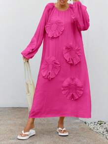 GENKIRA Elegant Solid Color 3D Floral Decor Lantern Sleeve Dress  Old Money Style For Spring Fall - Hot Pink - View 3