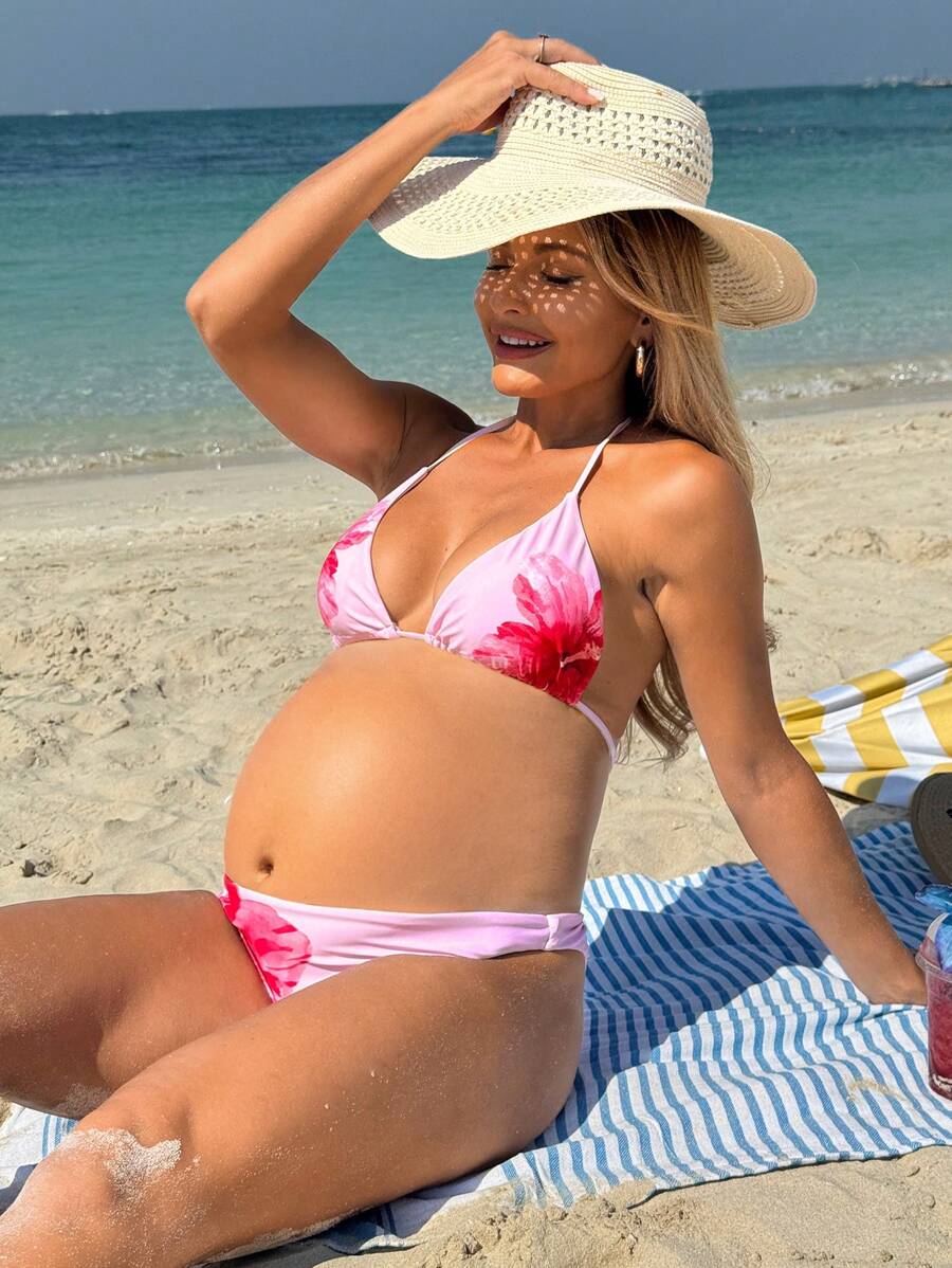 SHEIN Maternity Flower Pattern Pink Swimsuit Bikini - Pink - View 1