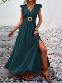 EMERY ROSE Ruffle Trim Split Thigh Dress For Summer Vacation Maxi Vacation Beach Outfits Women - Teal Blue - View 3