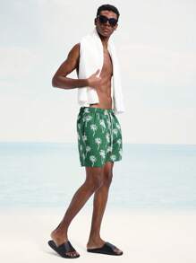 Surfspeed Pantalones cortos casuales de playa para hombres con estampado todo sobre y cordones - Verde - Ver 3