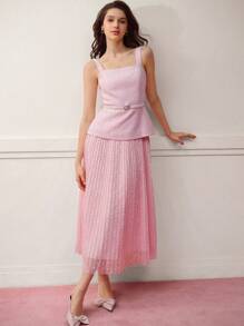 MOTF PREMIUM VESTIDO DE MALLA CONTRASTANTE CON CINTURÓN - Rosa - Ver 1
