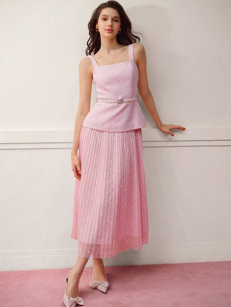 MOTF PREMIUM VESTIDO DE MALLA CONTRASTANTE CON CINTURÓN - Rosa - Ver 1