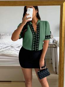 Calvaya Plus Size Casual Color Block Ruffle Cutout Collar Puff Sleeve Shirt - Dark Green - View 4