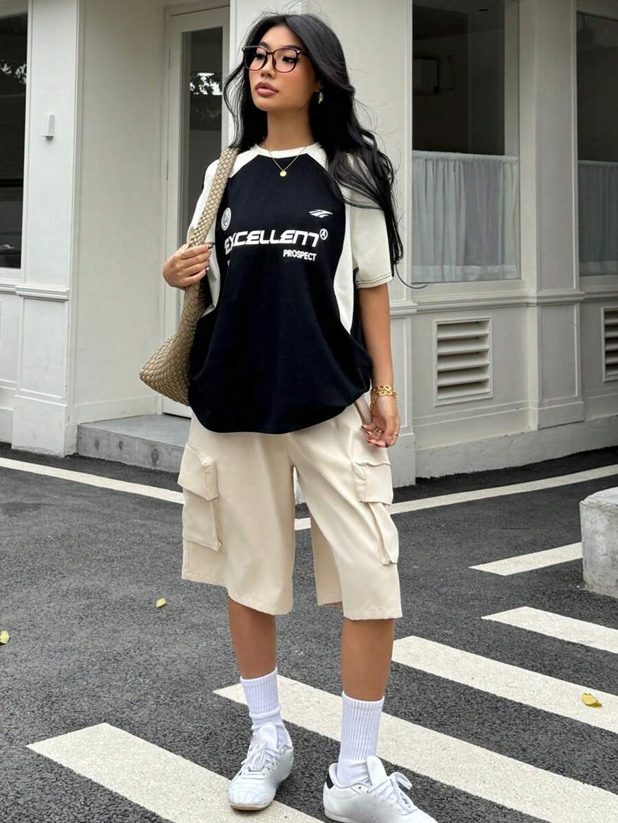 SHEIN Set di felpa oversize a contrasto di colori e pantaloni cargo casual sportivi per ragazze adolescenti, outfit con giacca con collo rotondo vestibilità morbida, stile casual sportivo per autunno/inverno, ritorno a scuola