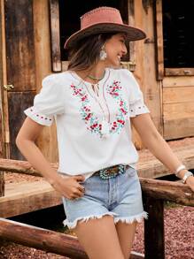 LanaWest Áo cánh ngắn tay bồng cổ chữ V in hoa dành cho nữ đi nghỉ - trắng - Xem 6